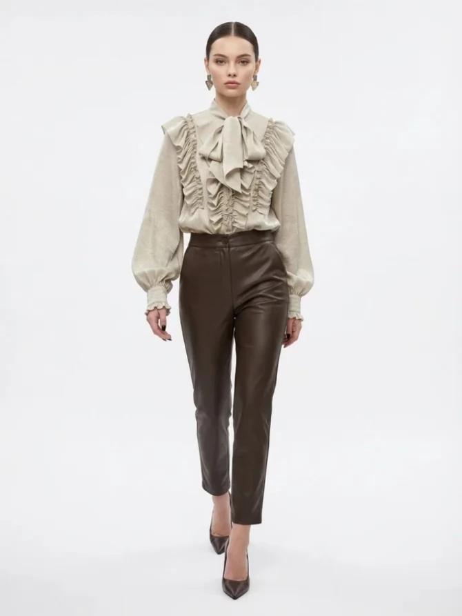 Блузка с рюшами и воротником-завязкой OD-988-2 бежевая