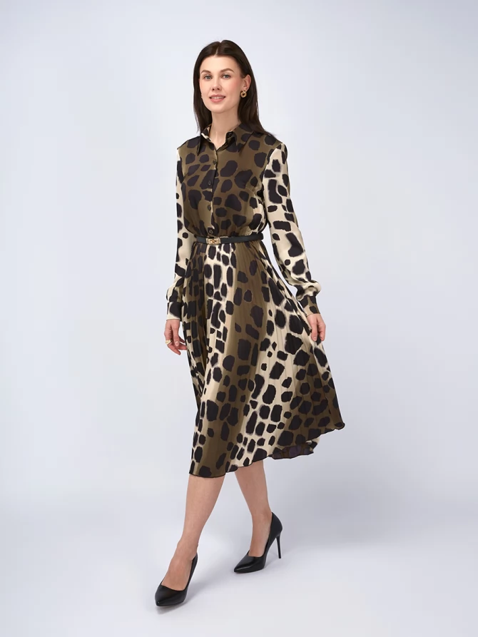 Платье с юбкой плиссе OD-883-1 леопард коричневый с хаки