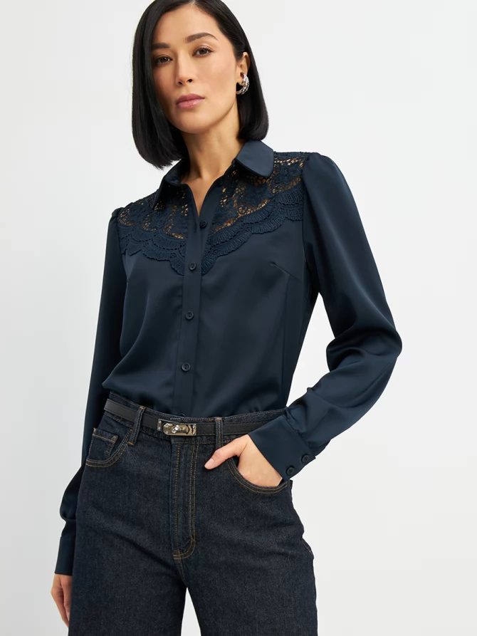 Блузка с кружевом на полочке OD-892-2 т.синий