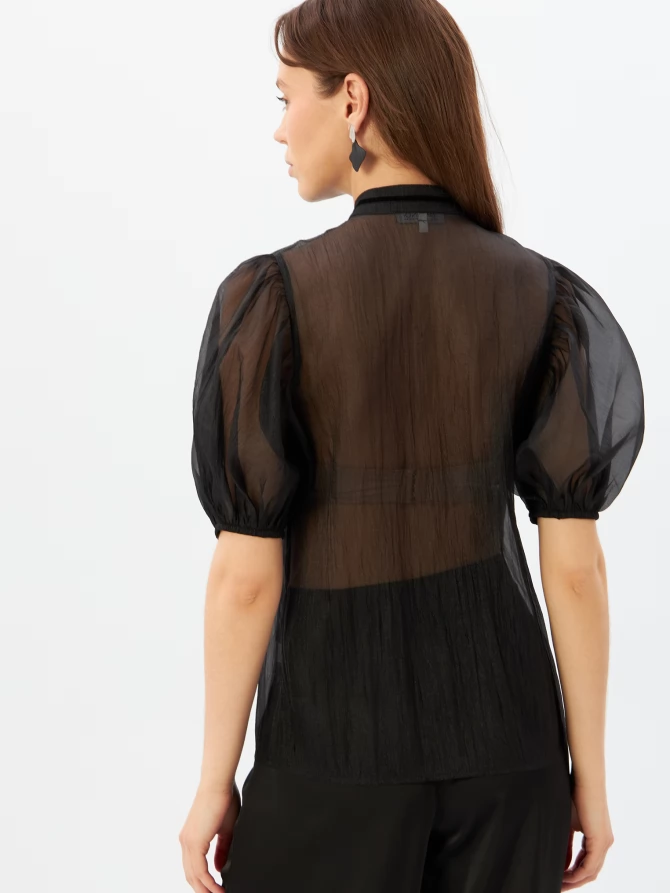 Блузка из органзы с бархатной завязкой и защипами  OD-951-3 черный