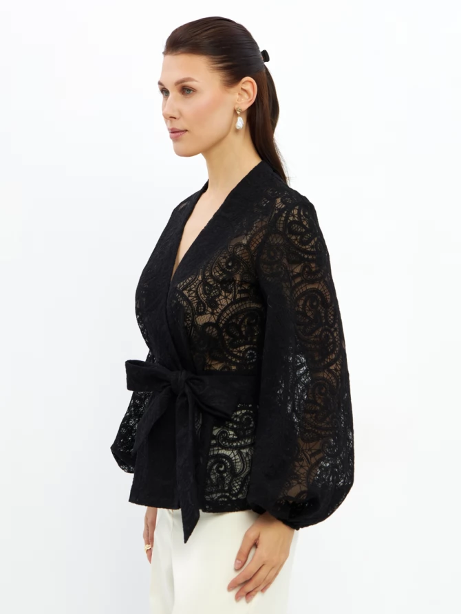 Блузка из кружева с баской и поясом OD-1033-2 черный