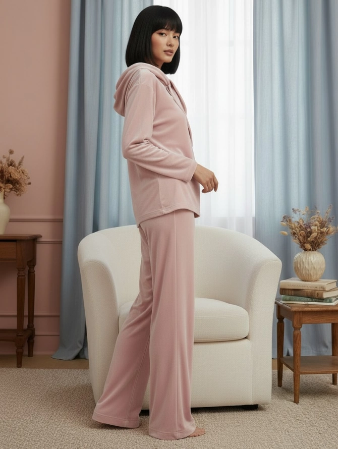 Костюм из велюра со съемным капюшоном и резинкой в комплекте OD-1009-1 розовый