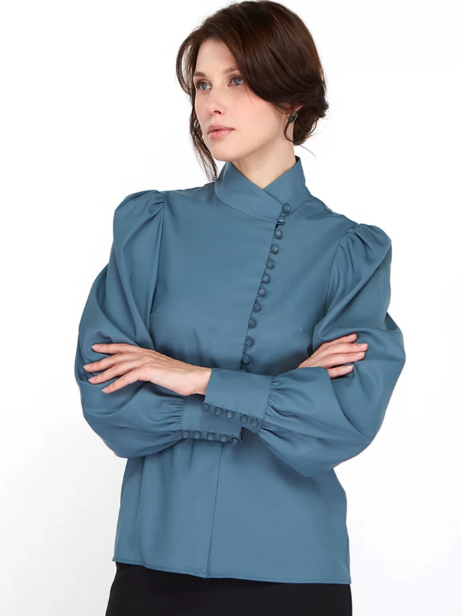 Блуза-косоворотка много пуговиц OD-550-14 серо-зеленый-голубой (морская волна)