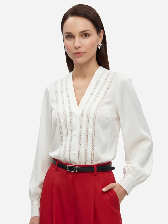 Блузка с V-образным вырезом и кружевом OD-1014-1 белый