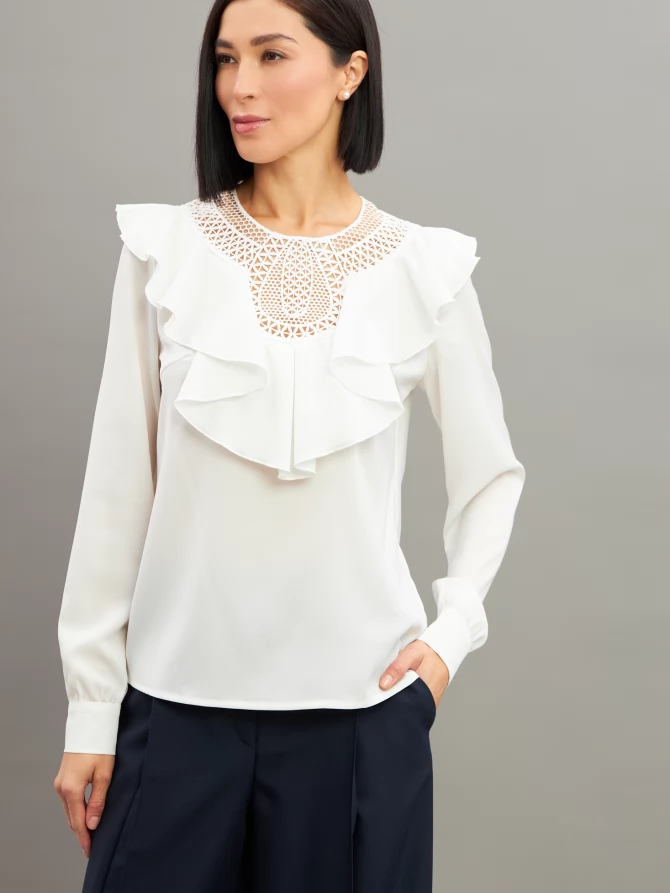 Блузка со вставкой из кружева и рюшей OD-1000-1 белый