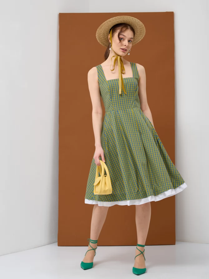 Платье хлопок OD-799-1 клетка желто-голубая