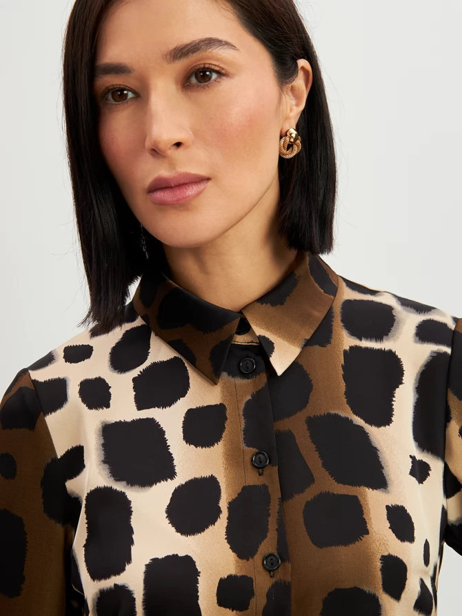 Блузка из атласной ткани OD-887-5 леопард коричневый с хаки