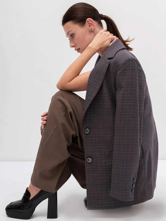 Жакет длинный OD-839-4 сине-бежевая клетка