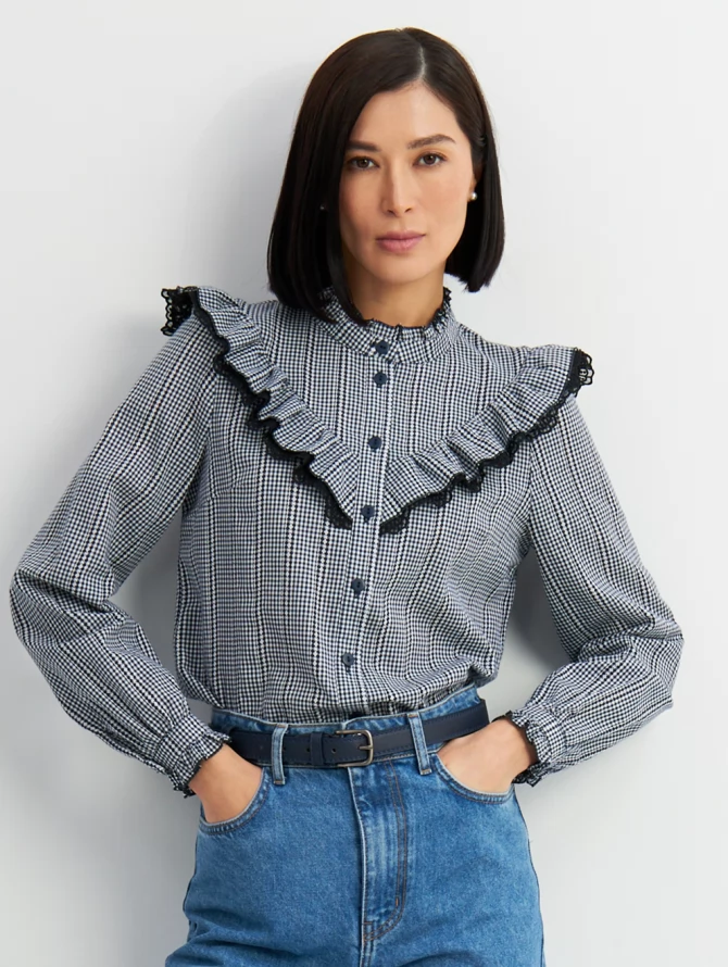 Блузка из хлопка с кружевом OD-896-2 сине- белая мелкая клетка