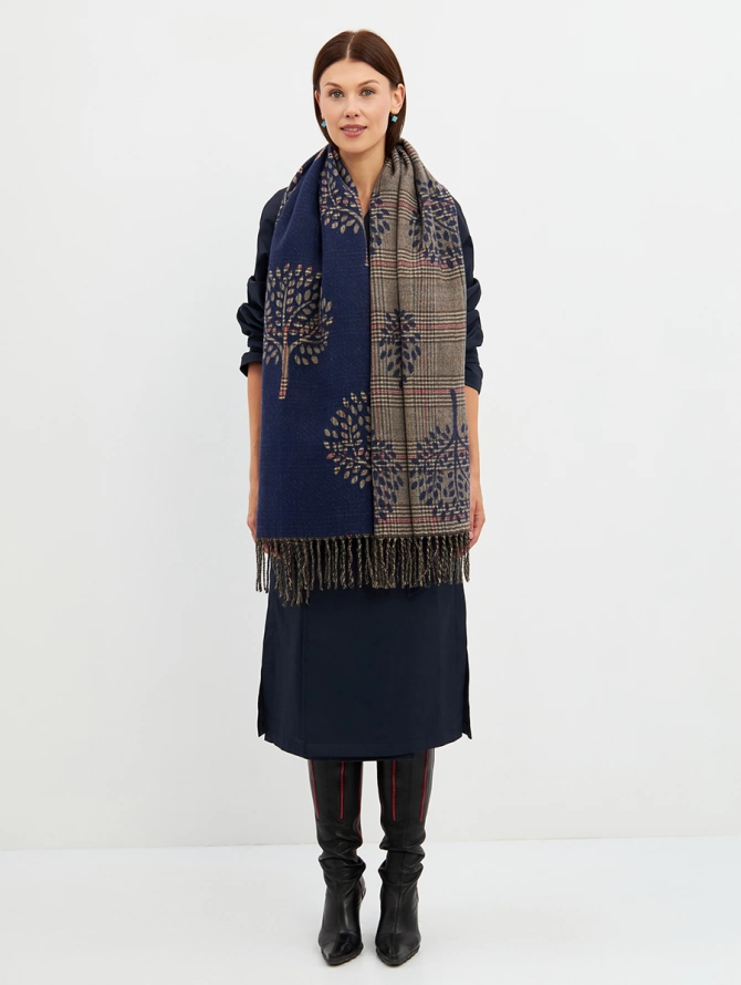 Палантин женский двусторонний в клетку с рисунком