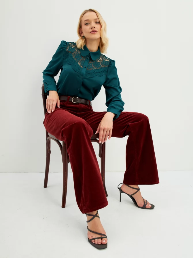 Блузка с кружевом на полочке OD-892-1 т.зеленый