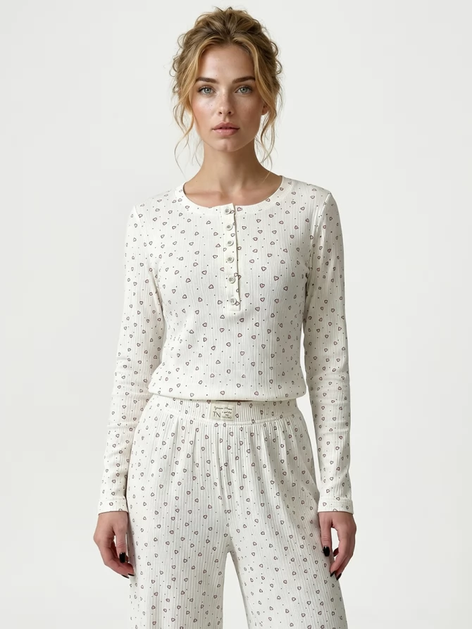 Пижама с принтом сердечки OD-1011-1 молочный