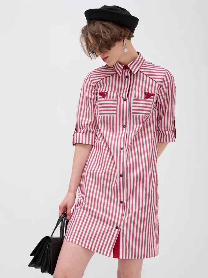 Платье-рубашка в полоску с контрастными вставками