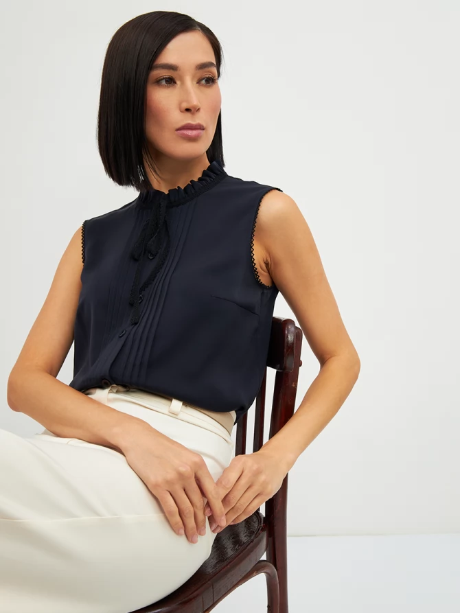 Блузка без рукавов с отделкой из тесьмы OD-973-2 т. синий