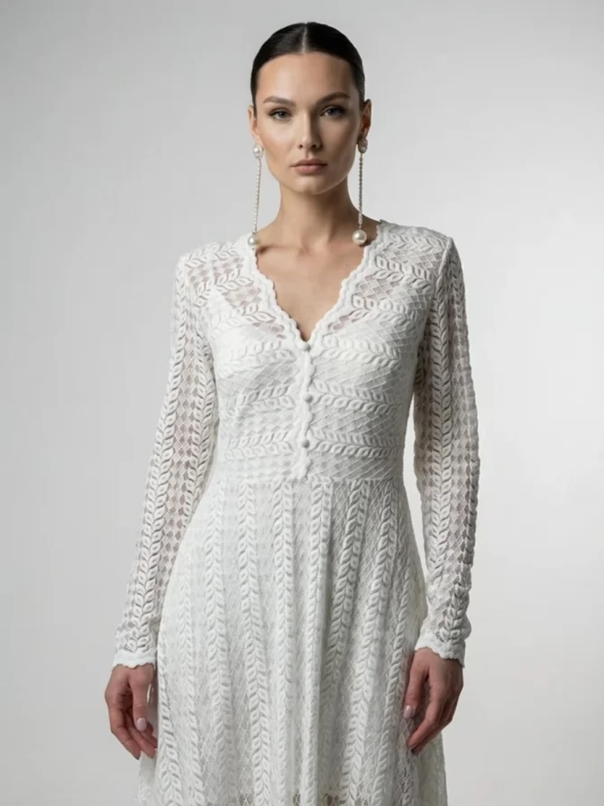 Платье из трикотажного кружева на подкладке с V-образным вырезом, белое OD-1017-2