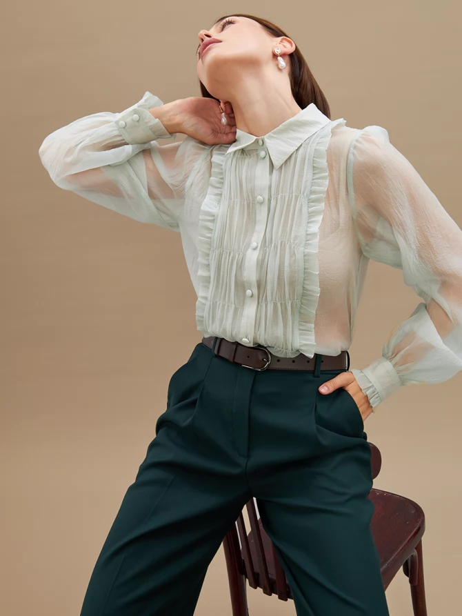 Блузка из органзы со сборкой OD-928-3 серо-зеленый