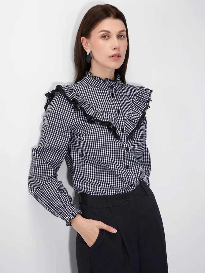 Блузка из хлопка с кружевом OD-896-1 ч/б клетка