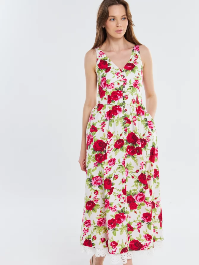 Платье из хлопка с кружевом OD-925-1 цветы на белом