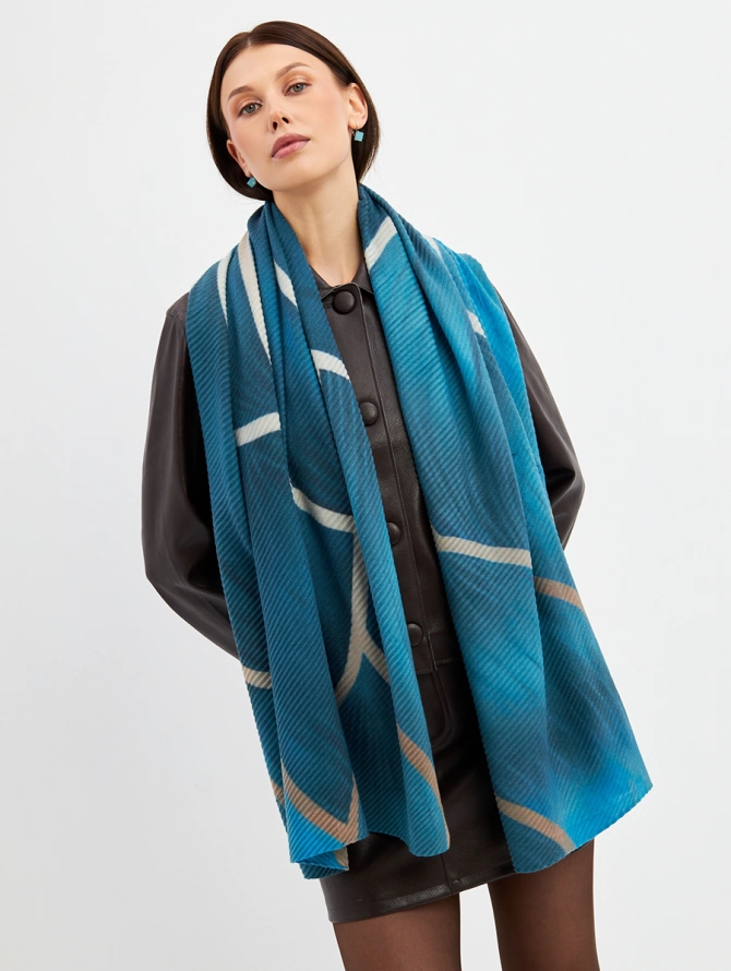 Палантин жатый двусторонний сине-бирюзовый с абстрактным принтом