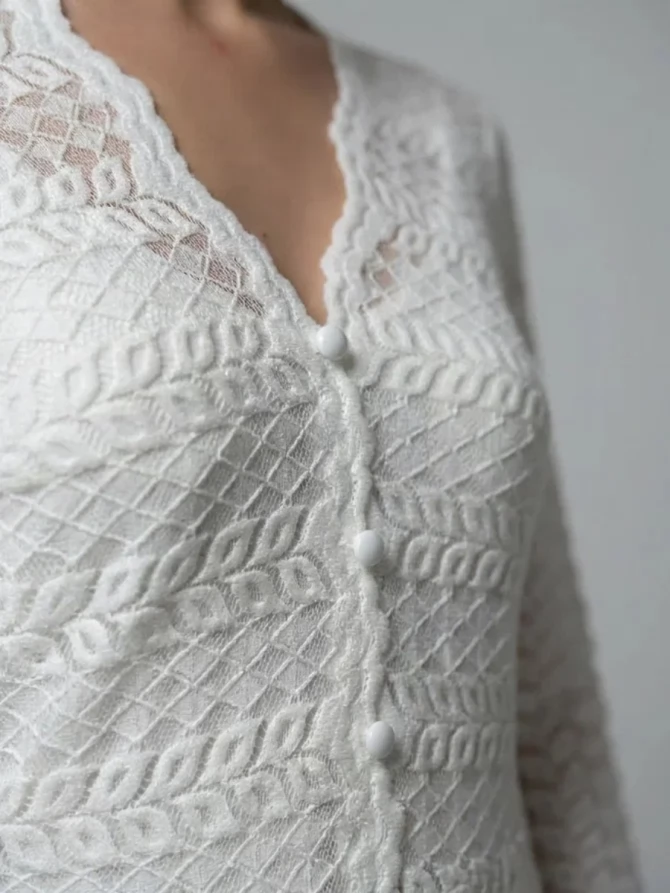 Платье из трикотажного кружева на подкладке с V-образным вырезом, белое OD-1017-2