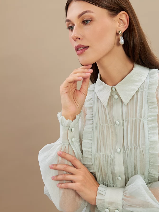 Блузка из органзы со сборкой OD-928-3 серо-зеленый