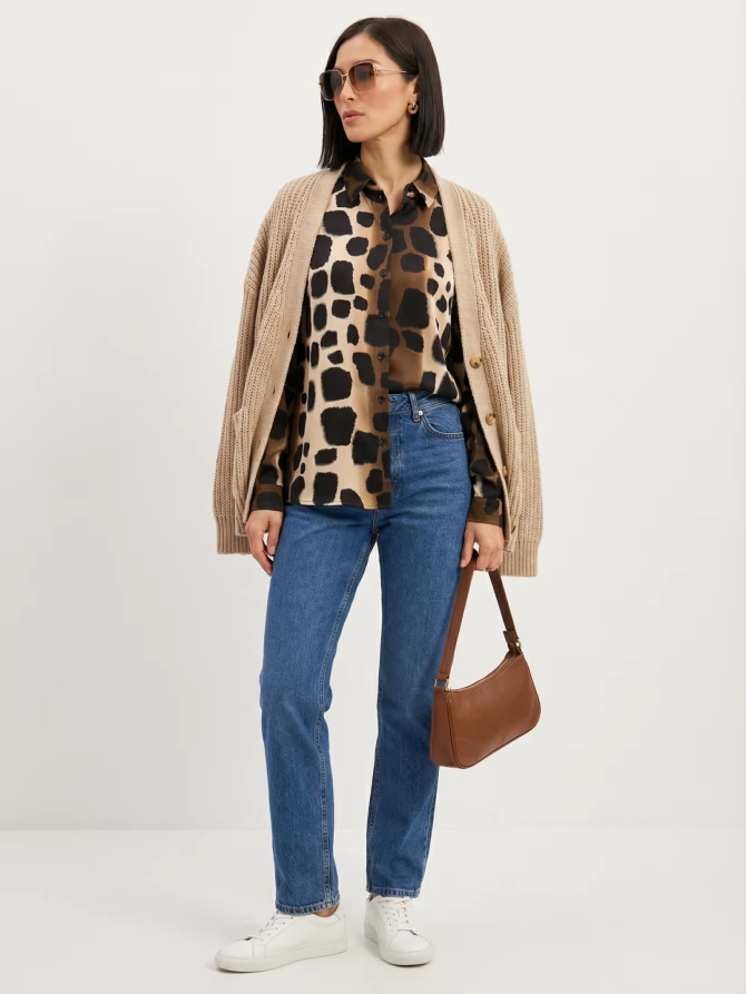 Блузка из атласной ткани OD-887-5 леопард коричневый с хаки