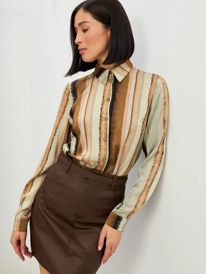 Блузка из атласной ткани OD-887-6 коричневый с серой полосой