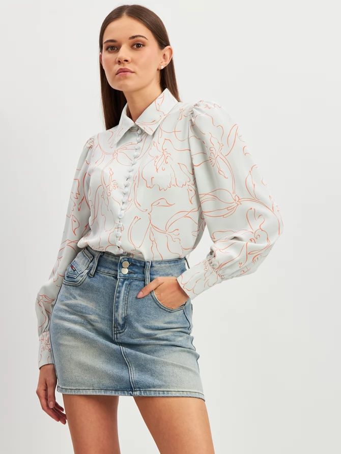 Блузка с принтом OD-639-26 голубая оранжевый цветок