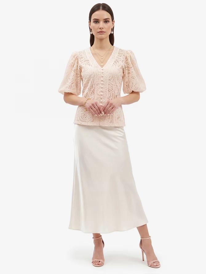 Блузка кружевная приталенная с объемным рукавом, лосось OD-1038-3