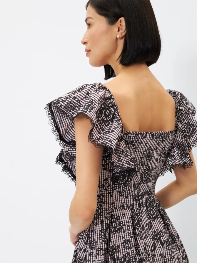 Платье из хлопка с кружевом OD-945-1, клетка ч/б с напылением