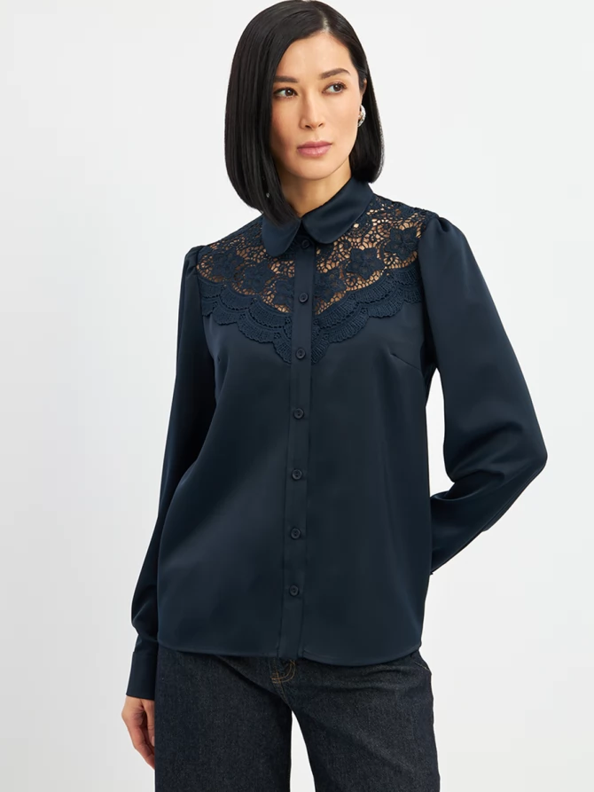 Блузка с кружевом на полочке OD-892-2 т.синий