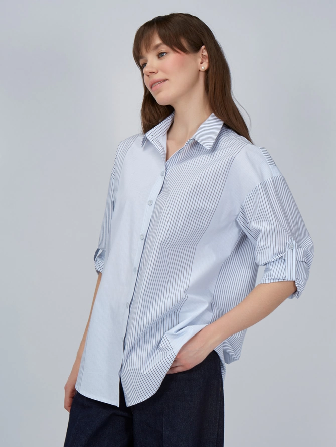 Рубашка полосатая хлопковая серо-голубая