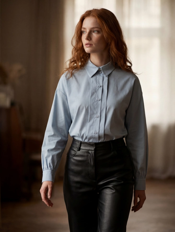 Рубашка со складками OD-880-2 серо-голубая