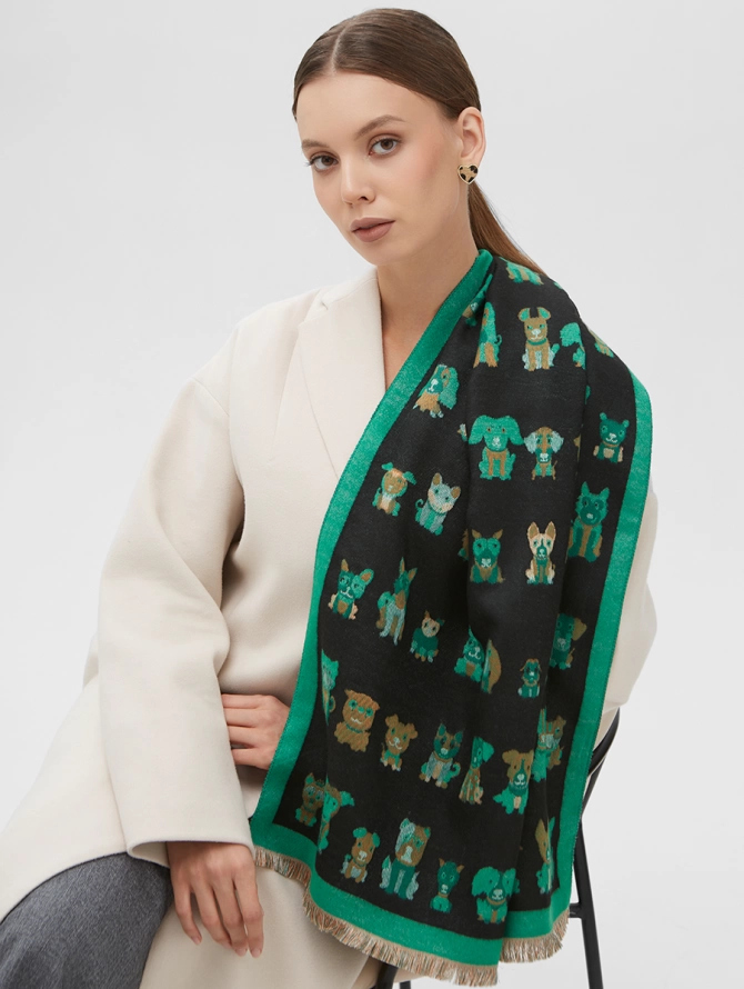 Палантин женский двусторонний с принтом собаки и бахромой