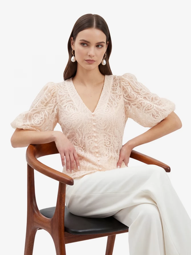 Блузка кружевная приталенная с объемным рукавом, лосось OD-1038-3