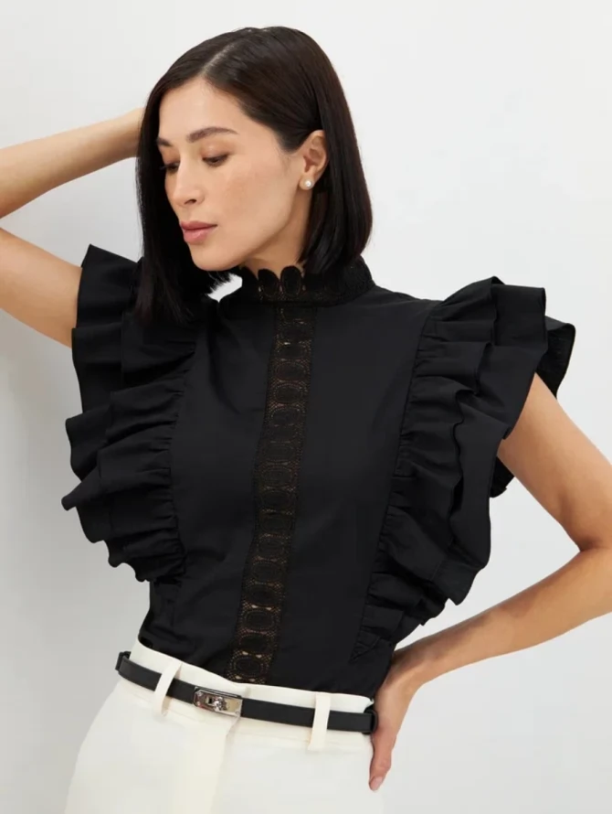 Блузка из хлопка с крыльями и кружевом OD-912-2 черный