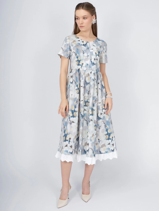 Платье хлопковое с крупными цветами на белом OD-727-9