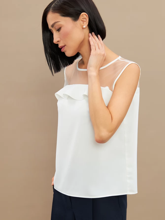 Блузка без рукавов с сеткой и воланом OD-992-1 белый