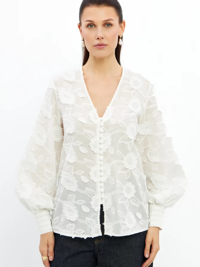 Блуза с обьемной вышивкой OD-987-1 белый ( обьемный цветок)