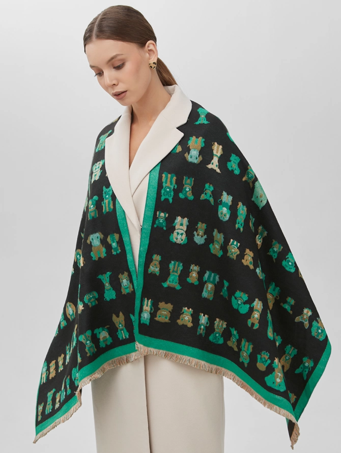 Палантин женский двусторонний с принтом собаки и бахромой