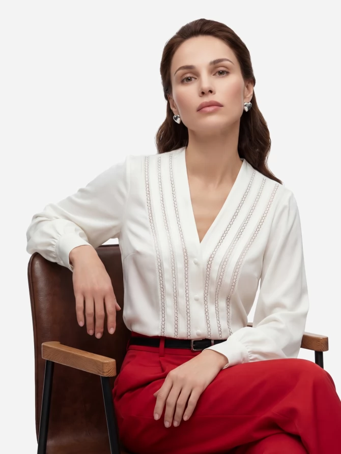 Блузка с V-образным вырезом и кружевом OD-1014-1 белый