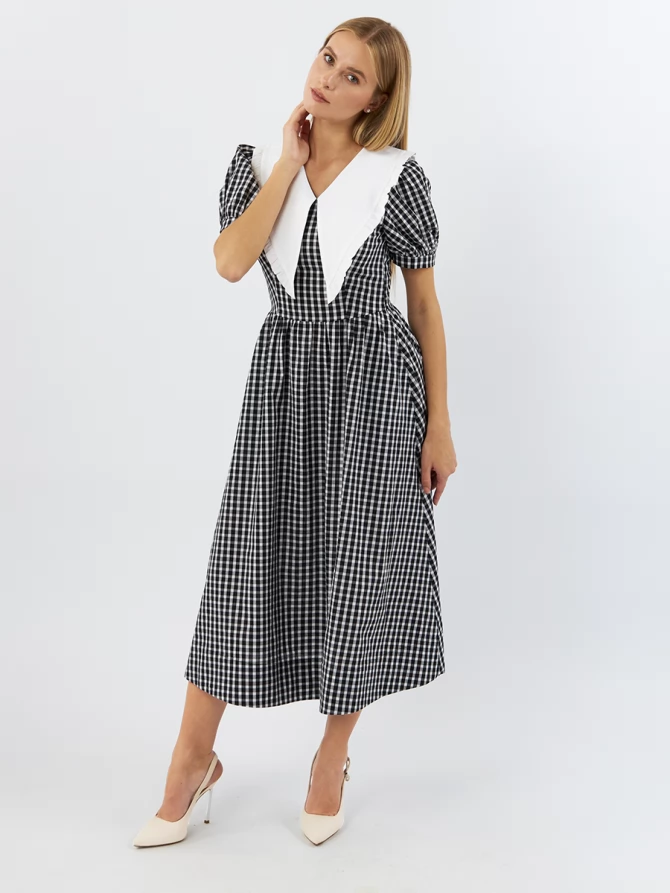 Платьеиз хлопка с большим контрастным воротником OD-935-1 клетка ч/б