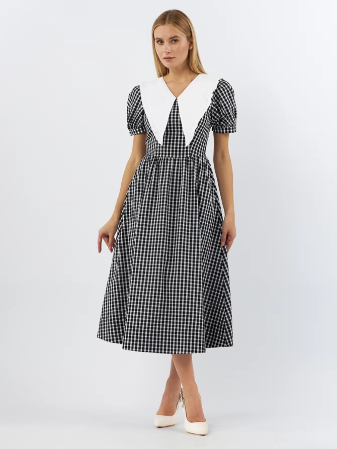 Платьеиз хлопка с большим контрастным воротником OD-935-1 клетка ч/б