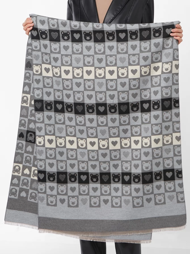 Палантин женский с принтом "Мишки и сердца", двусторонний