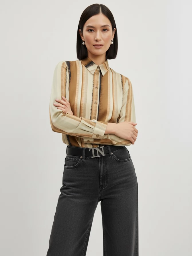 Блузка из атласной ткани OD-887-6 коричневый с серой полосой