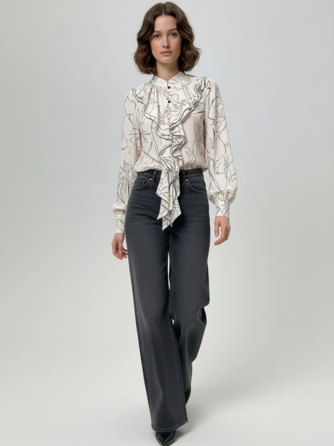 Блузка с отлетными рюшами OD-914-6 молочный с черным