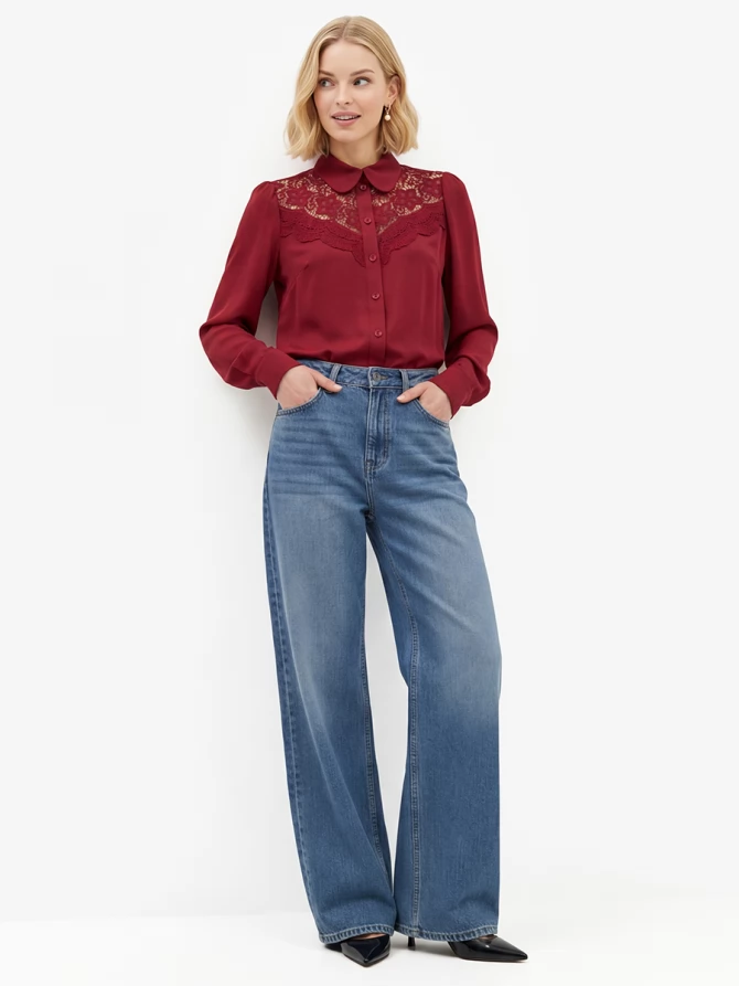 Блузка с кружевом на полочке OD-892-3 бордовый
