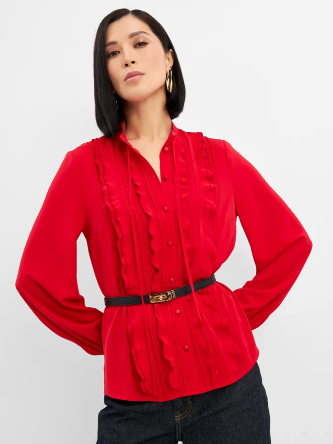 Блузка с рюшами и завязками, красная