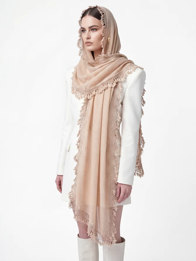 Палантин женский с кружевной отделкой и бахромой SHUT-152-1