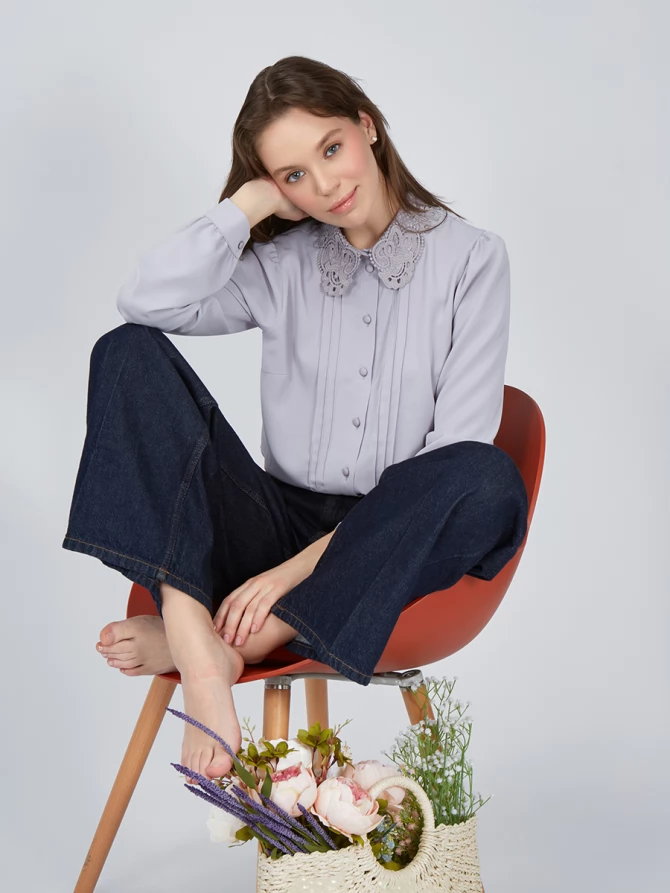 Блузка с воротником из кружева и защипами OD-913-2 св.сиреневый